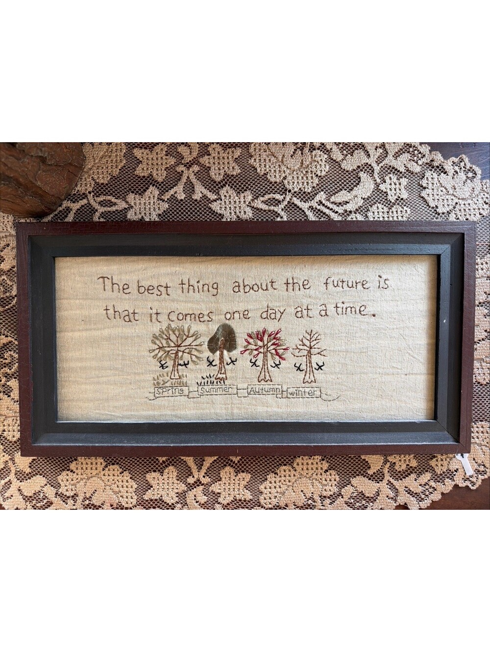 Framed Needlepoint 4 Seasons Wall Art Embroidered Cottage Farm Country 8x16”